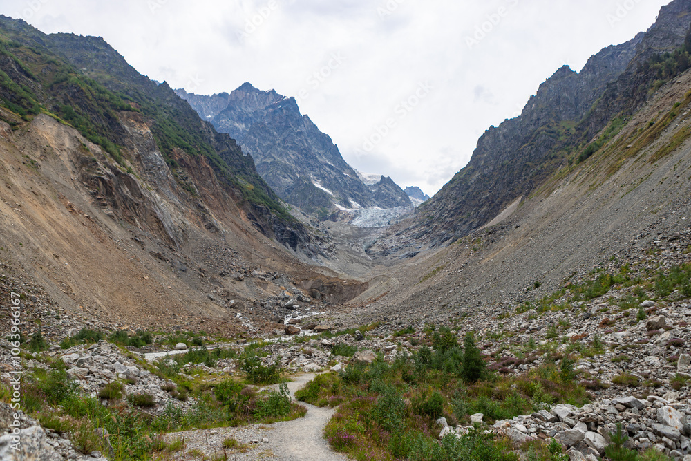 Chalaadi Glacier, Mestia, Svaneti, Georgia, beautiful glacier in the Caucasus mountains on a cloudy day