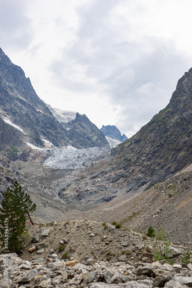 Chalaadi Glacier, Mestia, Svaneti, Georgia, beautiful glacier in the Caucasus mountains on a cloudy day