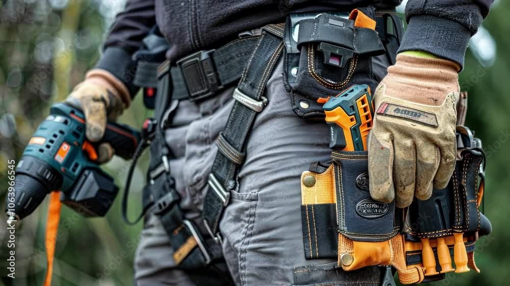 A utility belt with a detachable holster for a power drill perfectly suited for a construction site. A utility belt with a detachable holster for a power drill perfectly suited for a construction site.