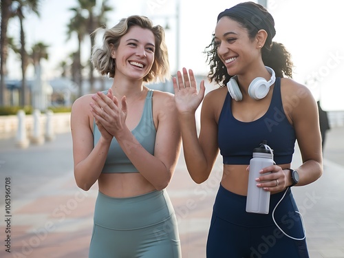 Refreshed and Recharged: Two Women Sharing a Post-Workout Moment with Water photo