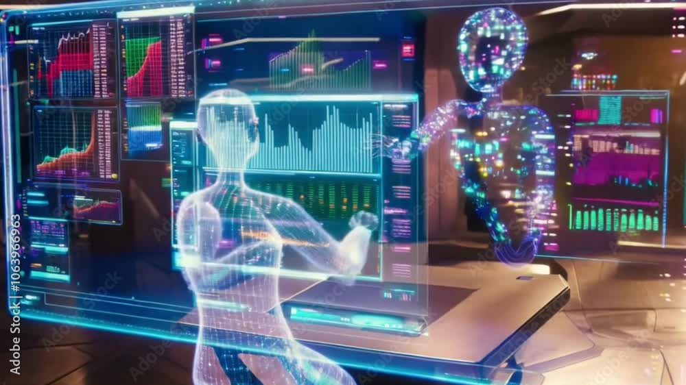 AI running a futuristic stock market simulation on a glowing digital screen. AI running a futuristic stock market simulation on a glowing digital screen.