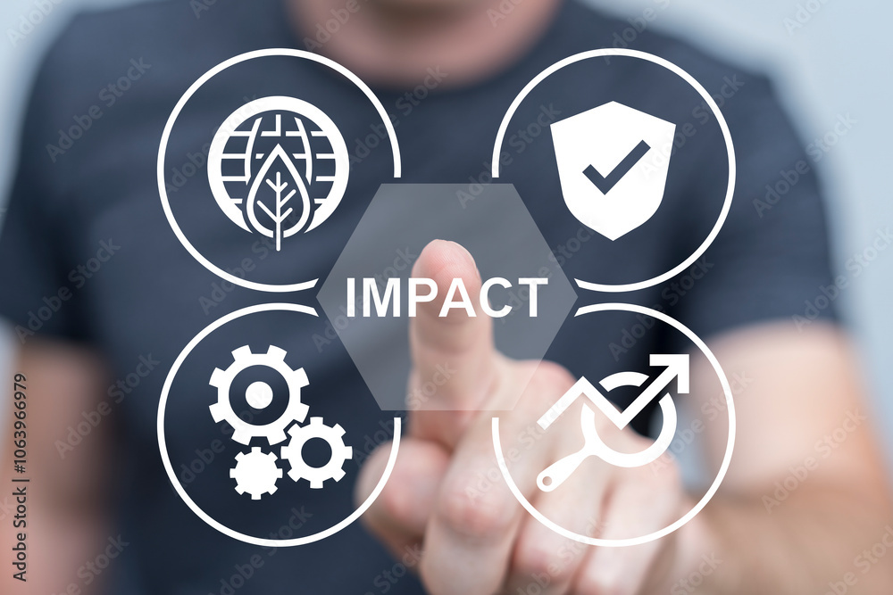 Man working on virtual touch screen presses word: IMPACT. Impact Business Environmental Governance Investment ESG Concept. Sustainability and responsibility. Man working on virtual touch screen presses word: IMPACT. Impact Business Environmental Governance Investment ESG Concept. Sustainability and responsibility.