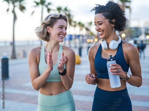 Refreshed and Recharged: Two Women Sharing a Post-Workout Moment with Water photo