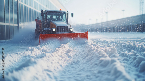 Snow plow clearing a parking lot, creating a trail of snow under bright winter sunlight.