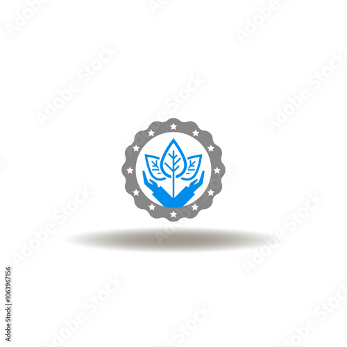 Vector illustration of stamp with hands palm care and leaves. Symbol of ethically sourced. Icon of ethical source.