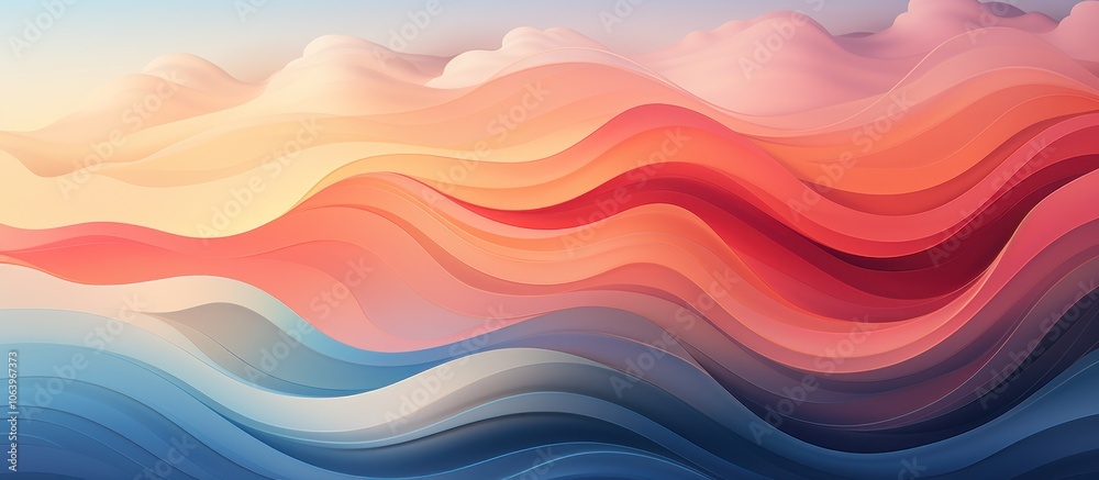 Abstract wavy patterns in warm and cool colors evoke a serene landscape.