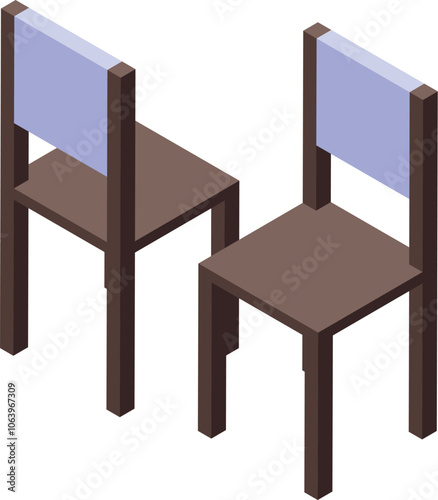 Two simple brown waiting room chairs with blue backs are seen from an isometric perspective