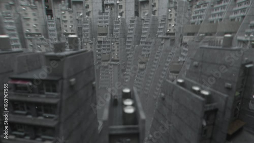 Surreal Tilt-Shift Perspective of a Dense Brutalist Urban Complex with Repetitive Concrete Structures, Weathered Facades, and High-Rise Buildings in a Retro-Futuristic Dystopian Atmosphere