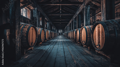 Row of large wooden barrels lining a dimly lit corridor in a rustic, aged cellar, creating a mysterious and vintage ambiance.