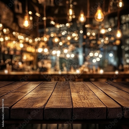 A wooden table with a blurred background of an urban bar or cafe interior, illuminated by warm lights.