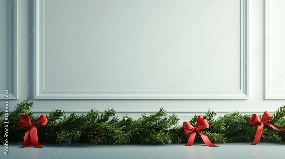 Fototapeta premium A festive green garland with red bows decorates a sleek, minimalist wall, creating a charming holiday ambiance.