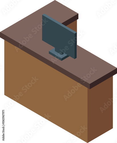 Isometric view of a modern reception desk with computer, ideal for business and office settings