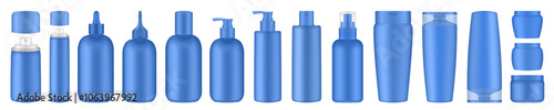 Blue hair treatment bottles with pump, dispenser. Korean packaging. Shampoo, balm, mask. Hair spray, container, mockup of aerosol. Squeeze bottles. Dropper, squeeze bottles