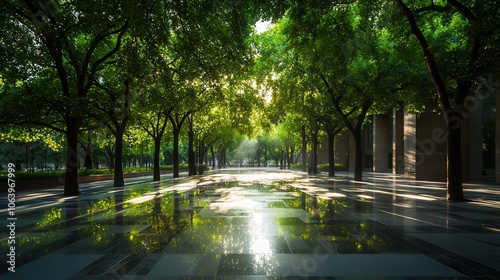 A serene pathway lined with lush green trees, illuminated by sunlight and reflecting on wet pavement after rain.