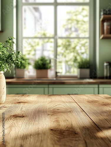 A wooden table with a kitchen in the background, blurred background, natural light, close-up, warm colors, and a focus on texture