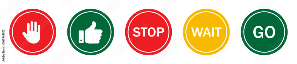 Stop, wait and go sign symbol set with red, yellow and green color. Collection traffic signs symbol. Sign stop, go and wait isolated set. Vector illustration. Stop, wait and go sign symbol set with red, yellow and green color. Collection traffic signs symbol. Sign stop, go and wait isolated set. Vector illustration.