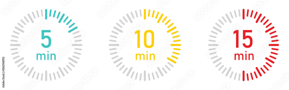 Timer 5, 10, 15 minute. Countdown minutes timer symbol. Timer, clock, stopwatch isolated vector icon.5, 10 or 15 min timer clock. Vector illustration. Timer 5, 10, 15 minute. Countdown minutes timer symbol. Timer, clock, stopwatch isolated vector icon.5, 10 or 15 min timer clock. Vector illustration.