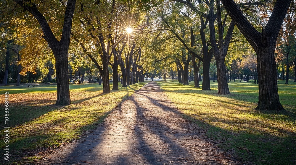 Naklejka premium A tranquil pathway meanders through a lush park, bordered by majestic trees that extend their branches overhead. The ground is covered with a carpet of green grass, dappled with warm golden light from