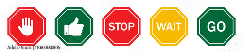 Stop, wait and go sign symbol set with red, yellow and green color isolated. Collection traffic signs symbol. Sign stop, go and wait isolated set. Vector illustration.