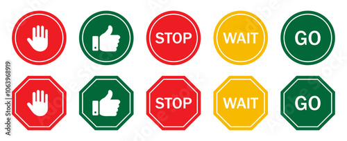 Stop, wait and go sign symbol set with red, yellow and green color isolated. Collection traffic signs symbol. Sign stop, go and wait isolated set. Road sign. Vector illustration.