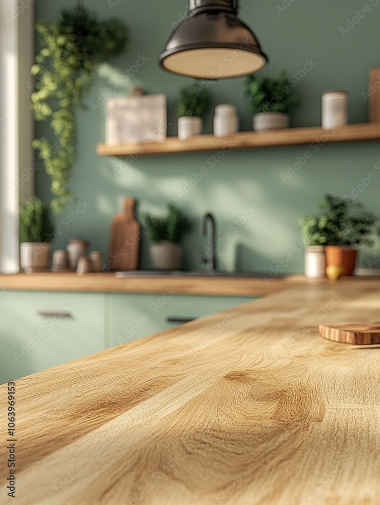 custom made wallpaper toronto digitalA wooden table with a kitchen in the background, blurred background, natural light, close-up, warm colors, and a focus on texture