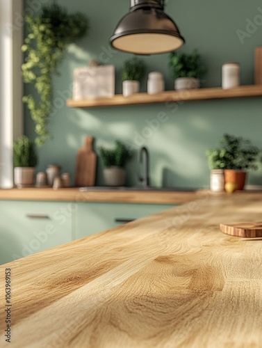 A wooden table with a kitchen in the background, blurred background, natural light, close-up, warm colors, and a focus on texture