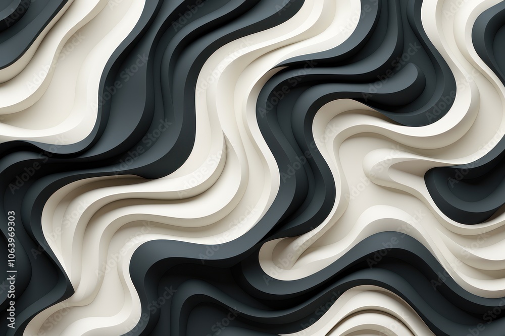 Abstract wavy pattern in shades of black, white, and cream, showcasing depth and texture. Abstract wavy pattern in shades of black, white, and cream, showcasing depth and texture.