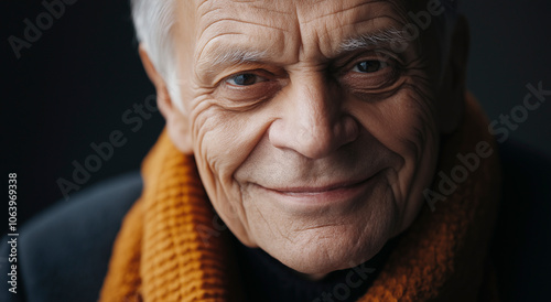 Retrato em close-up de um homem europeu idoso sorridente com rugas profundas, expressão calorosa e usando um cachecol aconchegante, mostrando a beleza do envelhecimento e da experiência de vida