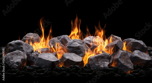 chamas e brasas de fogo brilhantes com pedras em chamas em fundo preto imagem de stock de alta resolução