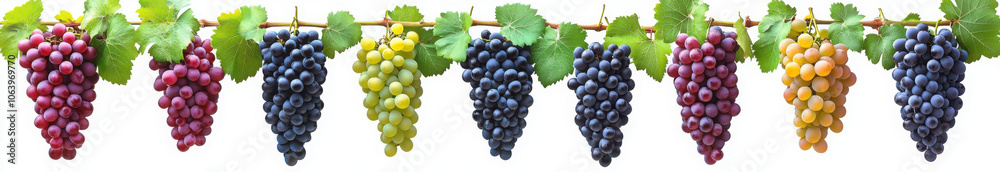 Fototapeta premium Colorful purple, pink, and green grapes, isolated on white, clipping path, full depth of field