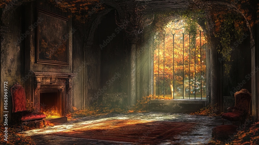 The scene depicts a dimly lit, abandoned room featuring ornate architectural details. The walls are adorned with remnants of opulent decorations, though they show signs of decay. Filled with leaves an The scene depicts a dimly lit, abandoned room featuring ornate architectural details. The walls are adorned with remnants of opulent decorations, though they show signs of decay. Filled with leaves an