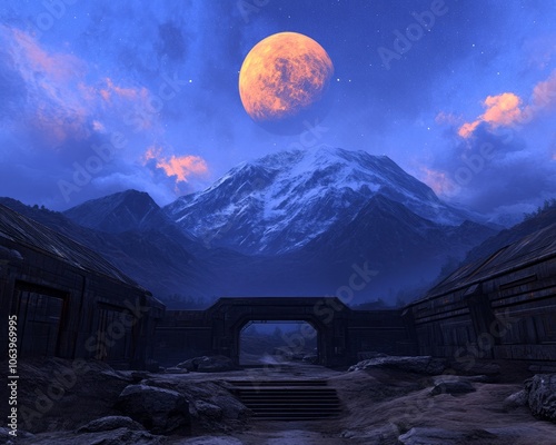 Futuristic mountain landscape with a large, red moon in the sky.