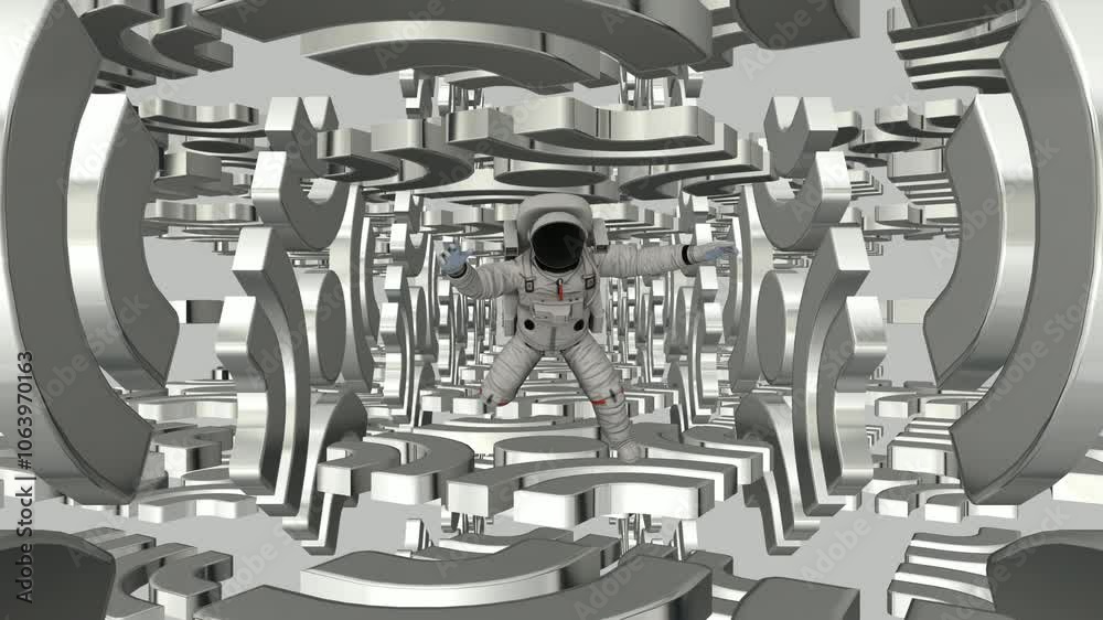 Astronaut Falls into White Spatial Tunnel of Figures, Reflection, Exclusive, Unique Design

