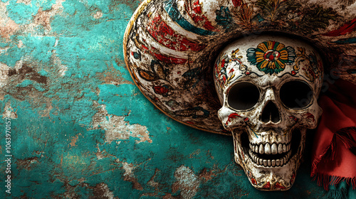 day of the dead skull and sombrero on rustic turquoise background