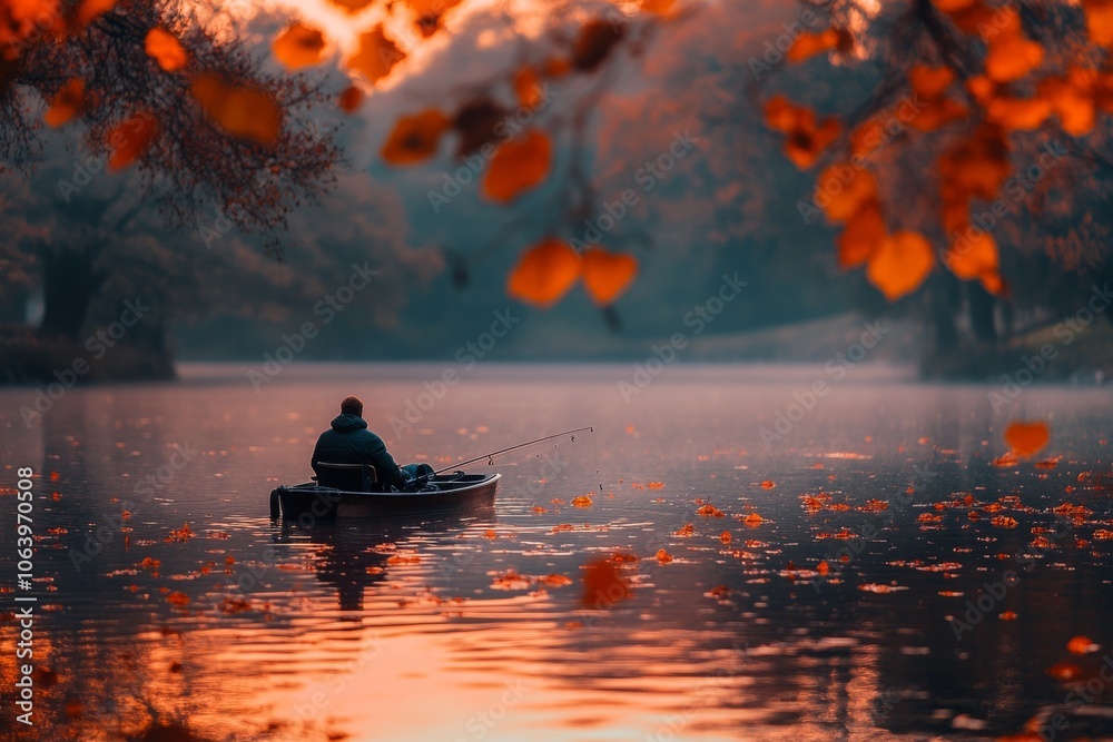 A serene sunset view of a lone fisherman in a small boat. The water reflects warm autumn colors. Perfect for nature lovers and tranquil moments. Generative AI A serene sunset view of a lone fisherman in a small boat. The water reflects warm autumn colors. Perfect for nature lovers and tranquil moments. Generative AI