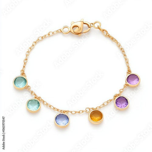 Gold chain bracelet with colorful gemstones.