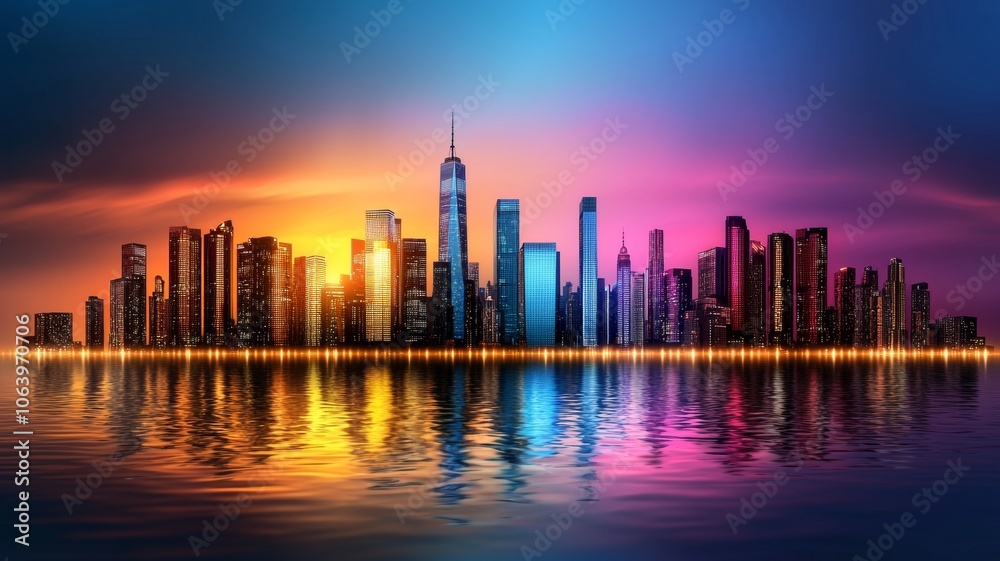 Vibrant City Skyline at Sunset with Reflective Water Vibrant City Skyline at Sunset with Reflective Water