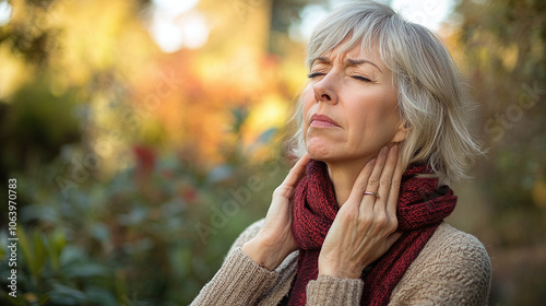  Close-up of a mature woman experiencing neck pain, clutching her neck with a pained expression, set against an autumnal outdoor background.