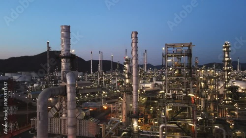 Aerial view of an illuminated industrial refinery plant at dusk, Moving half circle of towering structures and pipelines in twilight time.