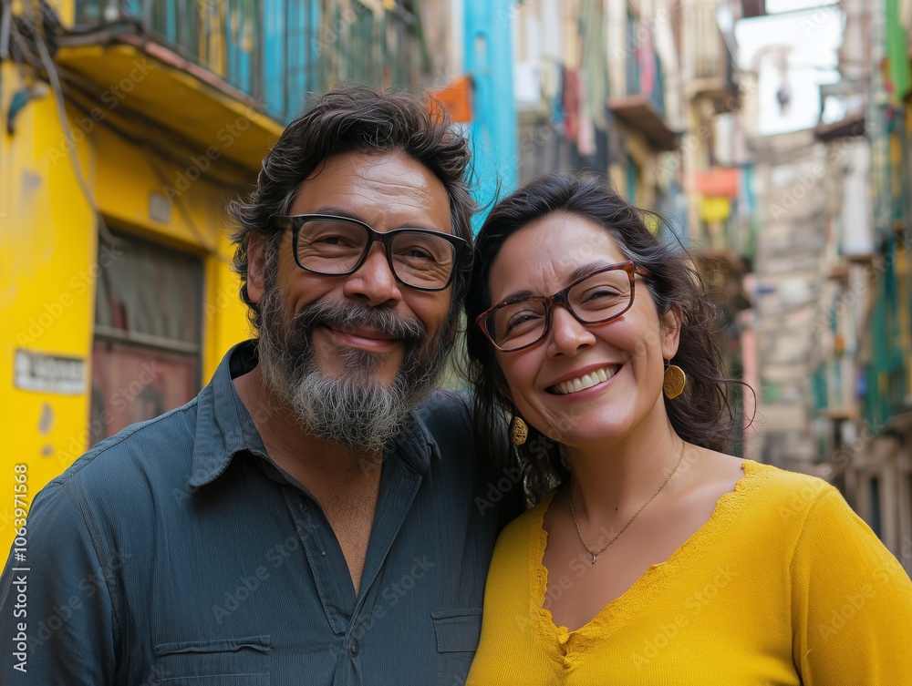 Happy latin american couple smiling in colorful city street Happy latin american couple smiling in colorful city street
