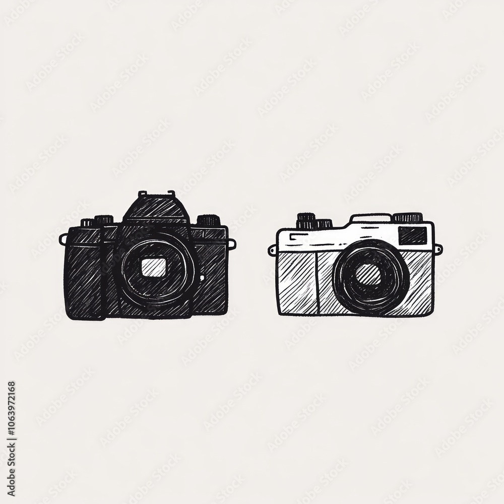 custom made wallpaper toronto digitalHand-drawn illustration of two cameras, one black and one white.