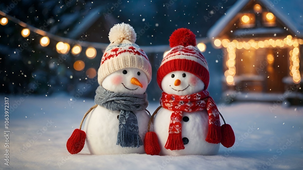 Winter. Happy New Year and Merry Christmas. Funny snowmen on a blurred background made of a beautiful side of colored lights. New Year's festive atmosphere. Winter. Happy New Year and Merry Christmas. Funny snowmen on a blurred background made of a beautiful side of colored lights. New Year's festive atmosphere.
