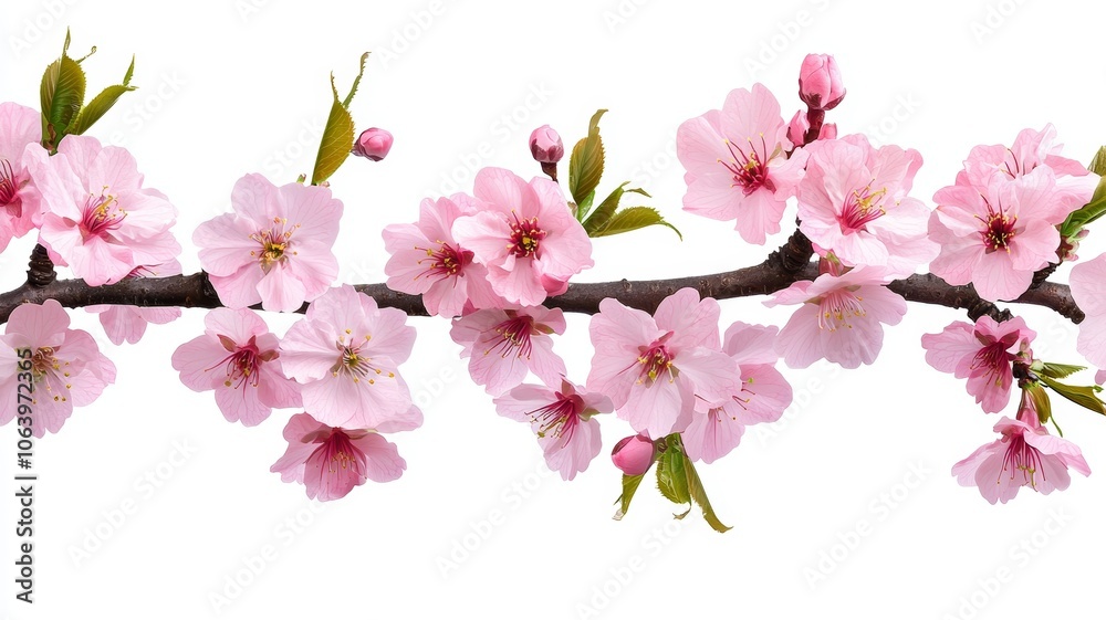 Pink Cherry Blossom Branch on White Background Pink Cherry Blossom Branch on White Background