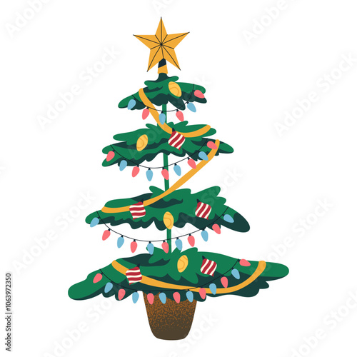 Christmas tree in a pot or planter. Vector pine tree icon isolated on background. New Year tree sign decorated with toys and garlands. Festive sticker for holiday design. Natural or faux decor.