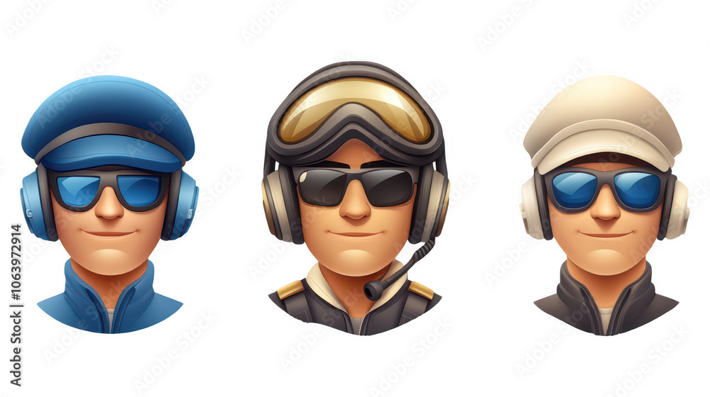 Set of pilot characters wearing different uniforms, highlighting various aviation styles from traditional to modern, isolated on transparent PNG background Set of pilot characters wearing different uniforms, highlighting various aviation styles from traditional to modern, isolated on transparent PNG background