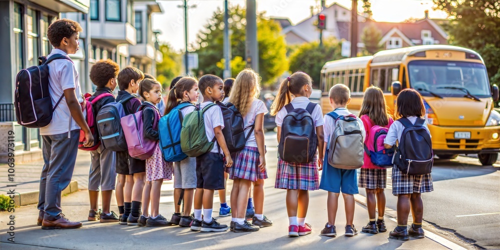 Obraz premium Diverse group of young students with backpacks stand by the roadside, eagerly awaiting their school bus on a bright day