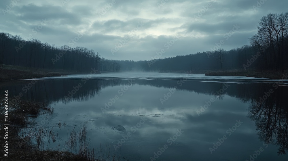 Fototapeta premium Serene lake surrounded by trees under a cloudy sky, reflecting the tranquil atmosphere of nature.