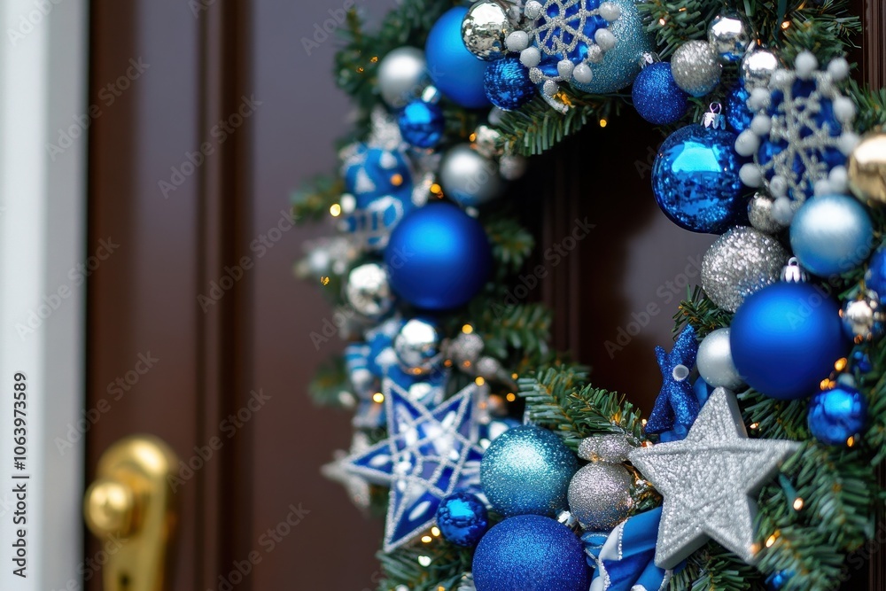 Hanukkah Themed Door Wreath: A close-up of a door wreath decorated with blue and silver ornaments, dreidels, and Stars of David, symbolizing a warm welcome for Hanukkah guests. Hanukkah Themed Door Wreath: A close-up of a door wreath decorated with blue and silver ornaments, dreidels, and Stars of David, symbolizing a warm welcome for Hanukkah guests.