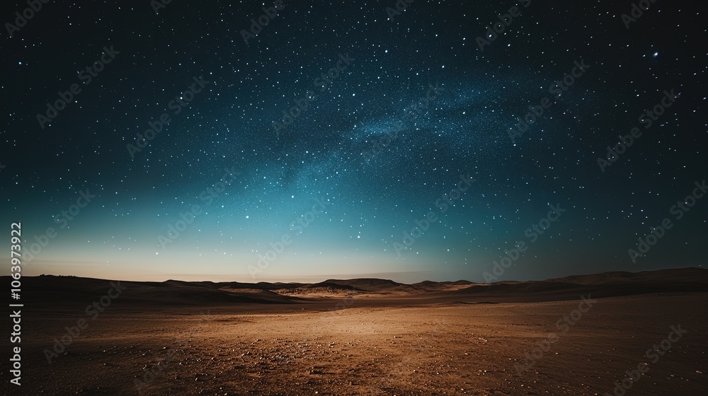 Fototapeta premium Stunning night sky filled with stars over vast desert landscape under a twilight glow.