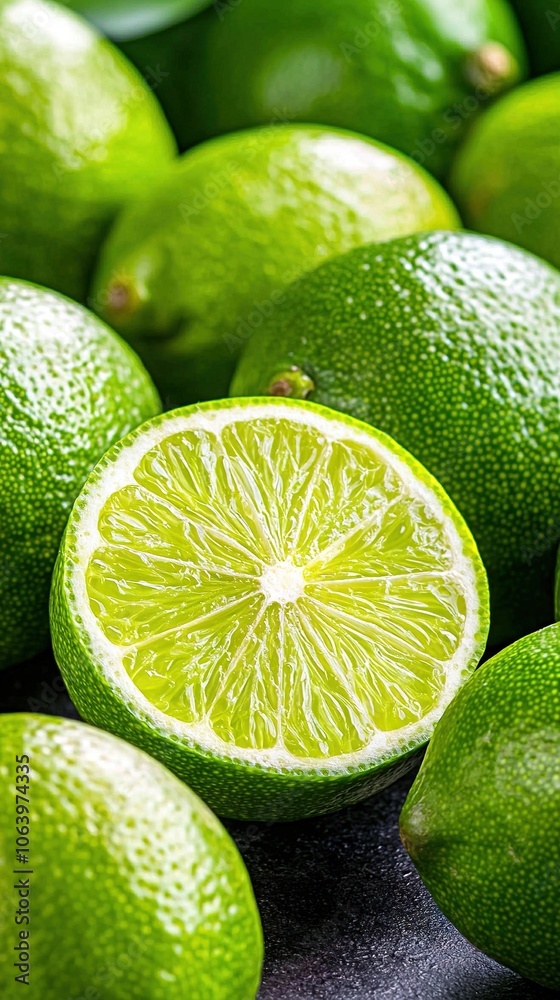 A pile of limes stacked on top of one another on a black table beside them A pile of limes stacked on top of one another on a black table beside them